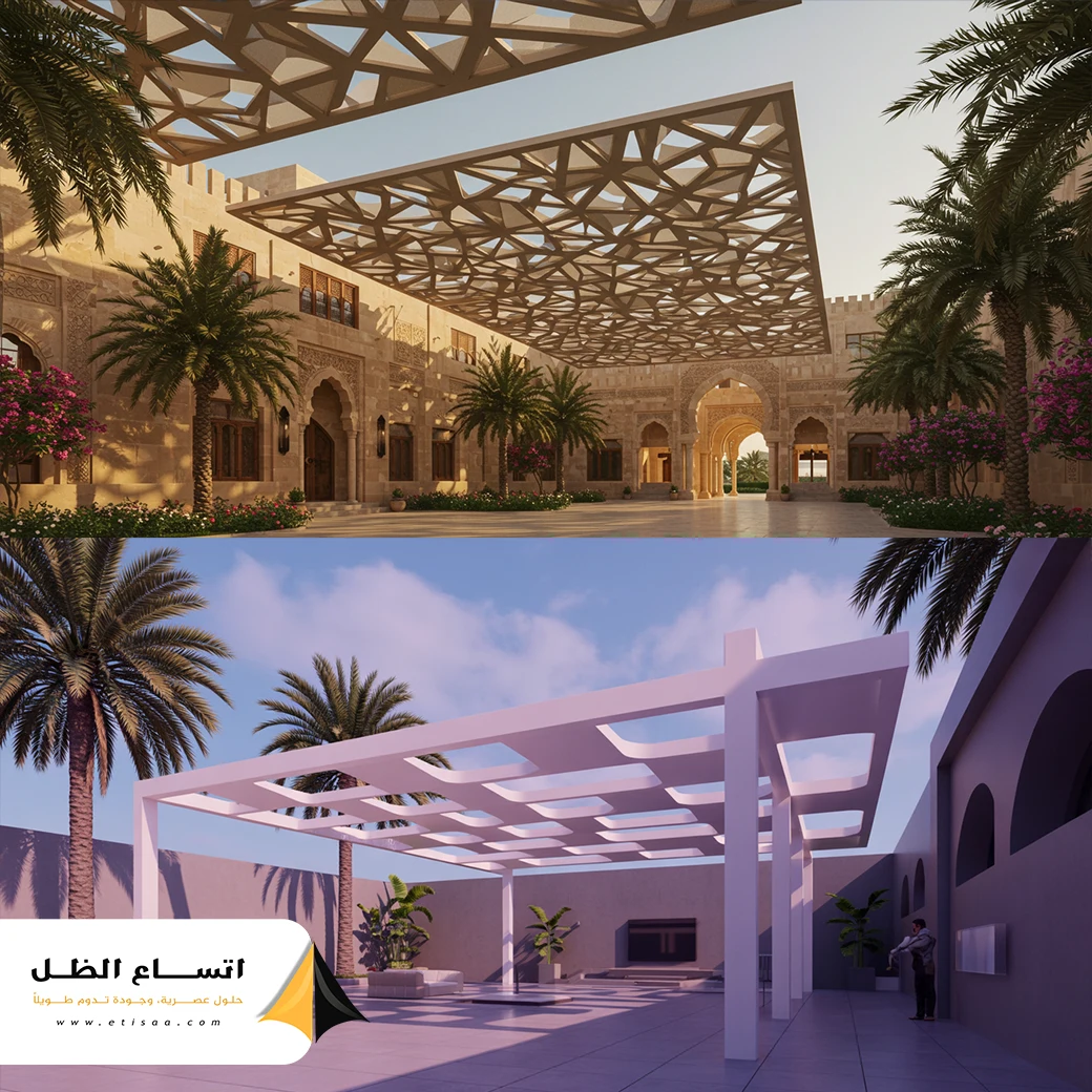 مظلة ثلاثية الأبعاد بتصميم عصري وأنيق تغطي مدخل فيلا في الدمام.